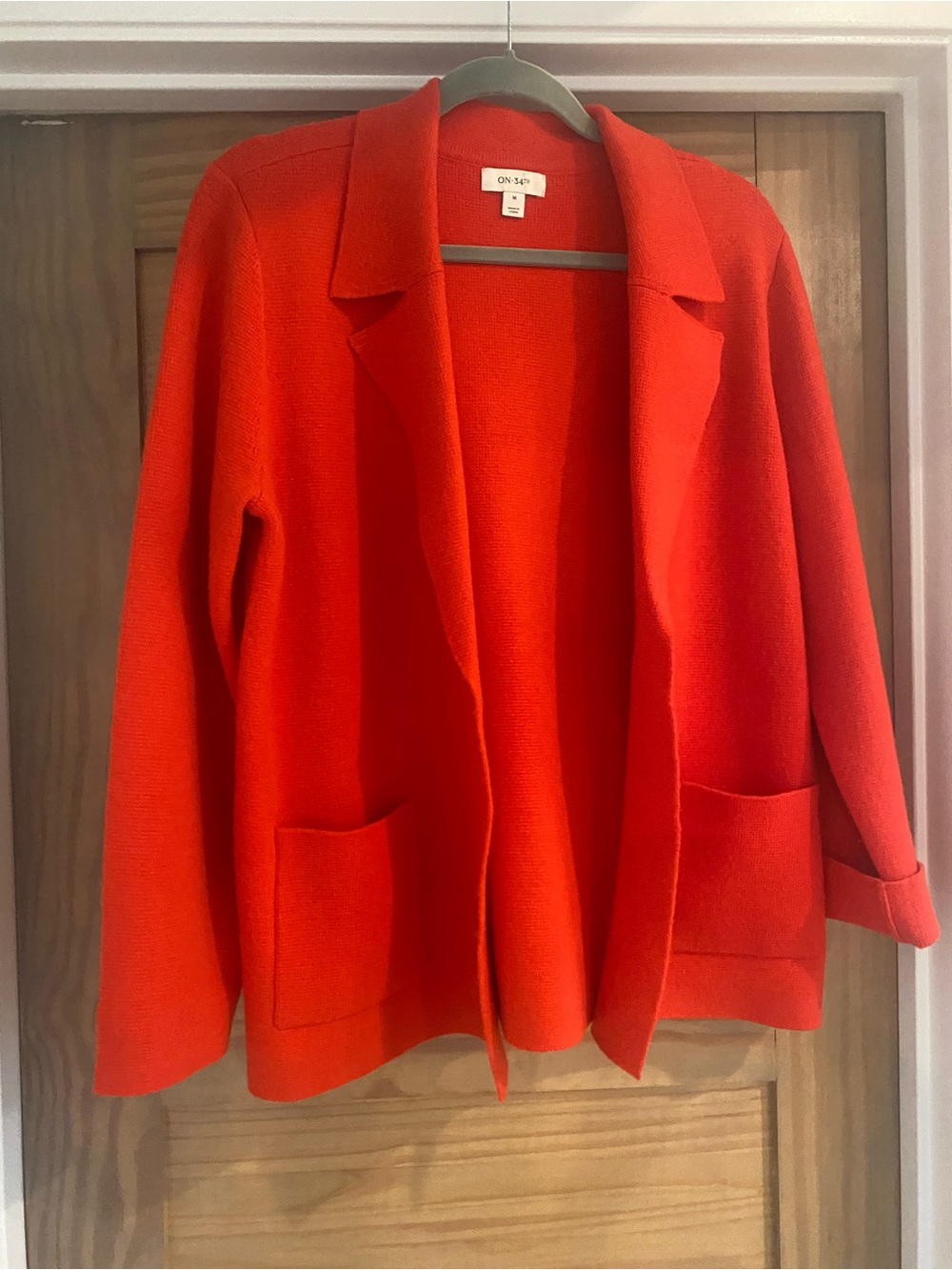 ON|E Red Open-Front Knit Blazer with Patch Pockets